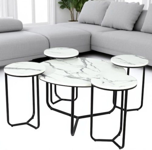 طقم طاولة تقديم مع 4 طاولات خدمة لون اسود سطح خشب