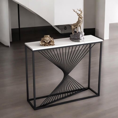 طاولة مدخل خشب رخامي وحديد أسود وذهبي - 110×30×90...