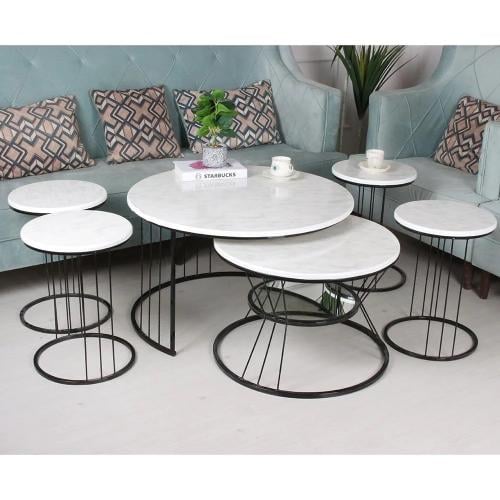 طقم طاولات + 4 طاولات خدمة بسطح خشبي أبيض بديل رخا...