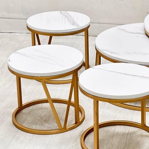 طقم طاولة ارضي 8 قطع سطح خشب شكل رخام