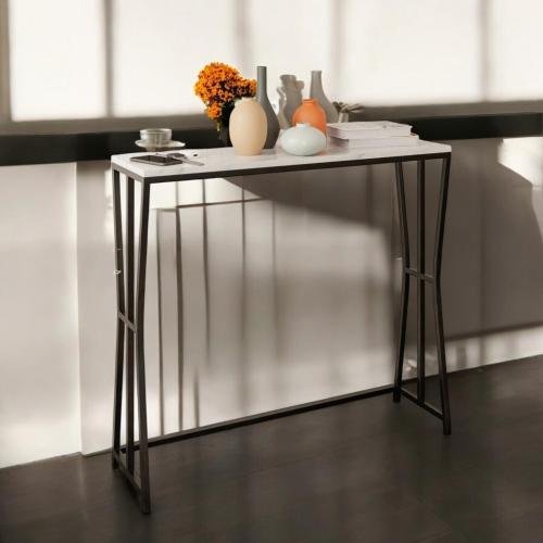 طاولة مدخل حديد و خشب رخامي 100×30×90 سم - أسود وأ...