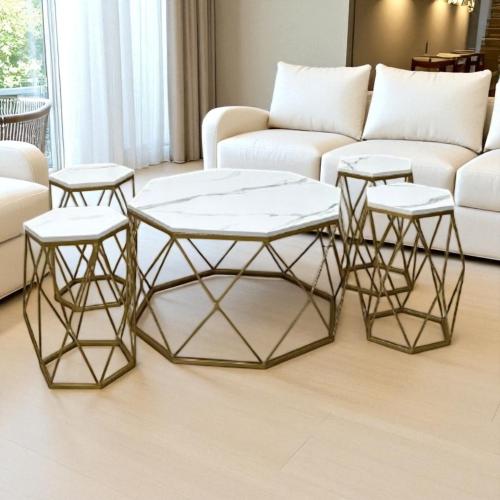 طقم طاولات متداخلة لون ذهبي 5 قطع بسطح شبيه الرخام