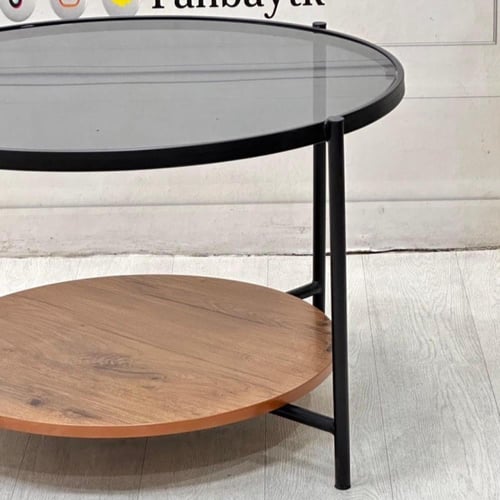 طاولة قهوة حديد ستيل و زجاج و ام دي اف بني وأسود -...