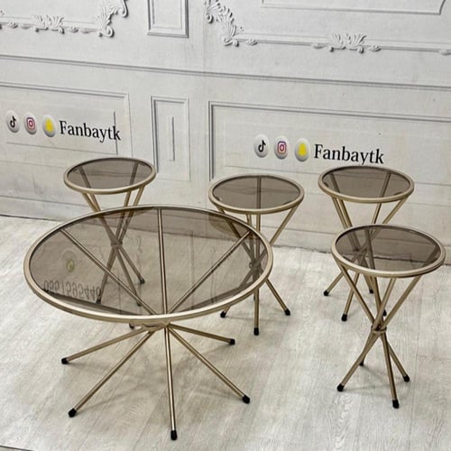 طقم طاولة بيضاوي دورين 5 قطع سطح خشب زجاج عسلي