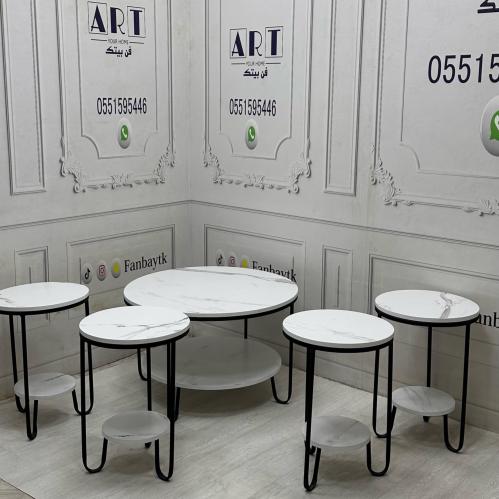 طقم طاولات +4طاولات خدمة بسطح خشبي أبيض بديل رخام-...