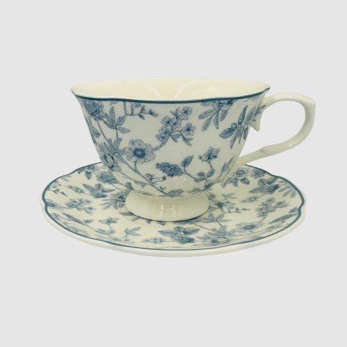 Ceramic mug with saucer with the sky blue flower d...