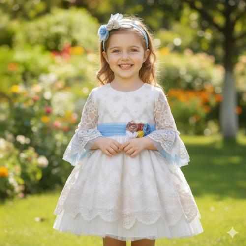 فستان ان بناتي دانتيل مع رباط أزرق - طوق