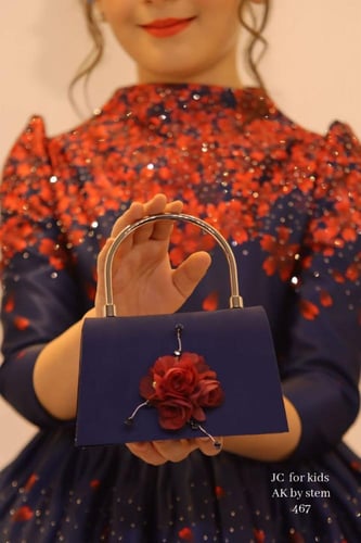 فستان سهرة بناتي أزرق وأحمر تول مطرز مع حقيبة يد و...