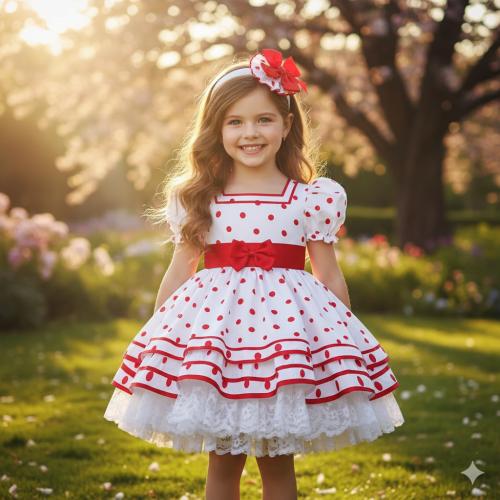 فستان أبيض بدوائر حمراء + طوق شعر