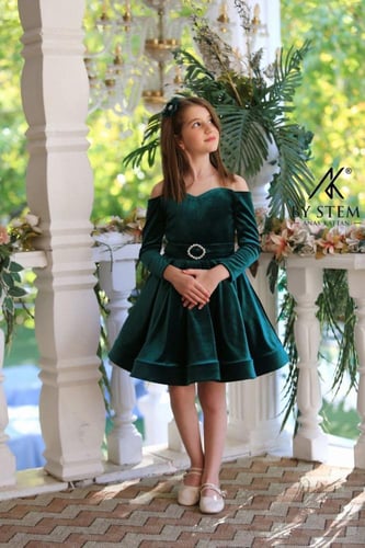 فستان أميرات مخملي باللون الأخضر الزمردي مع كاب -...