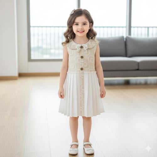 فستان بناتي أبيض وذهبي راقي للمناسبات مزين باللؤلؤ