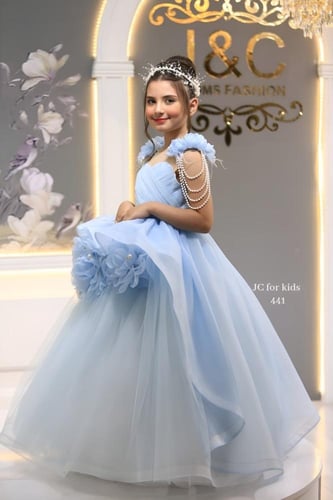 فستان سهرة بناتي منفوش بلون أزرق سماوي - رقة وبراء...