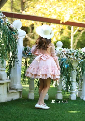 فستان حفلات بناتي دانتيل وردي بياقة عالية وأكمام م...