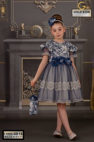 فستان + طوق شعر + حقيبة باللون الازرق الذهبي