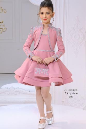 فستان سهرة بناتي وردي فخم بتطريز فضي مع جاكيت أنيق...