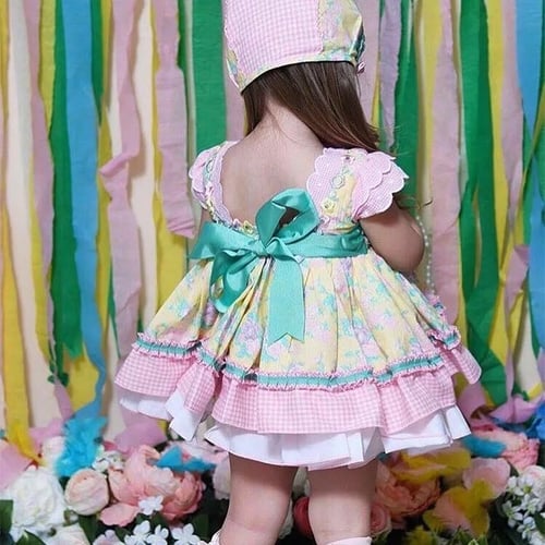 فستان وردي اسباني + قبعة + كلوت