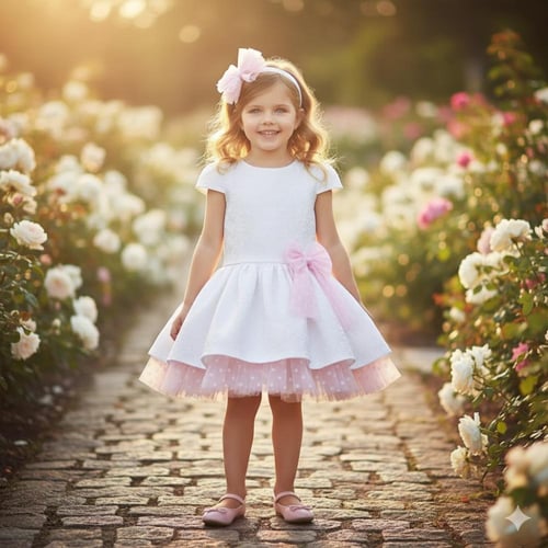 فستان أبيض مع وردي - طوق