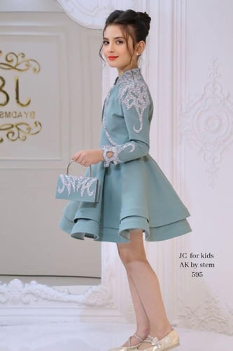 فستان سهرة بناتي تركوازي فخم بتطريز فضي مع جاكيت ر...