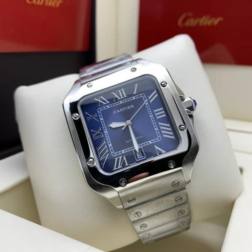 ساعة كارتير اطار مستطيل فضي