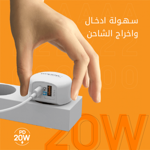 wopow- شاحن جداري بمنفذين pd+usb بقوة 20 وات من وب...