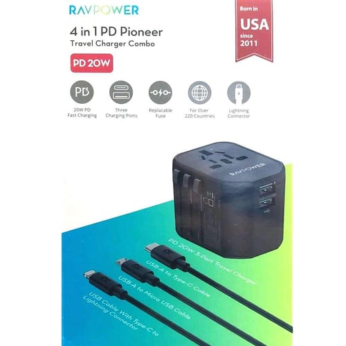 RAVPOWER-بكيج راف بور 4 في1 شاحن سفر بيقوة 20 واط...