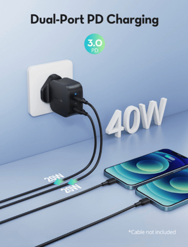 RAVPOWER- فيش جداري راف باور منفذين PD بقوة 40 واط...