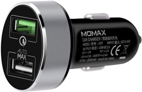 موماكس شاحن سيارة 30 واط مخرجين USB لون اسود