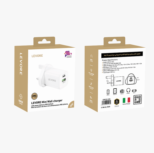 شاحن جداري ليفوري 20 واط منفذ PD وUSB - أبيض