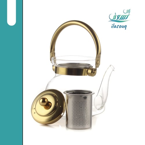 إبريق شاى زجاجى بغطاء ذهبي 1.1 لتر