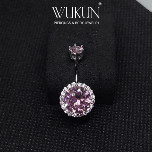 حلق بيرسينج فضة 925S للسرة فص وردي كبير محاط بفصوص...