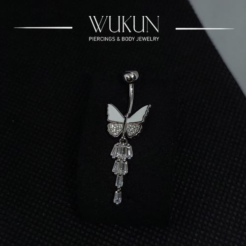 حلق بيرسينج فضة 925s للسرة فراشة بكرستالات معلقة