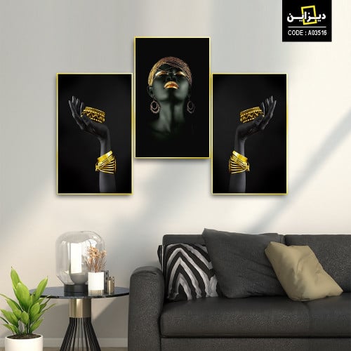 لوحة 3 قطع لأمراة أفريقية - علي قماش كانفس