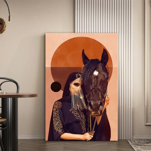 لوحة جدارية خيل وفتاة