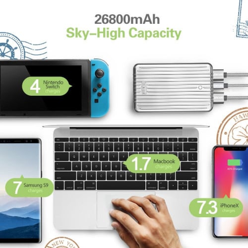 شاحن متنقل زندور بسعة 26800 تقنية PD أربع مخارج أس...