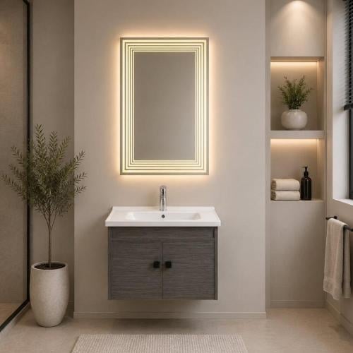 مغسلة فيبر رمادي غامق 60×40 سم مع مرآة LED | تصميم...