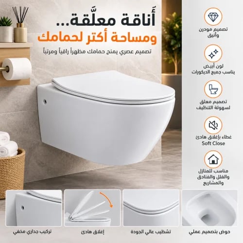 كرسي حمام معلق TATO 908 أبيض – WC جداري 18 سم بتصميم مودرن موفر للمساحة وسهل التنظيف