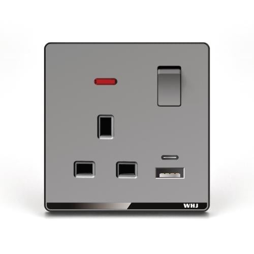 فيش ثلاثي لمبة مع USB + TYPE C رمادي موديل W4
