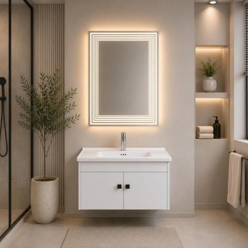 مغسلة فيبر أبيض 60×40 سم مع مرآة LED | تصميم مودرن...