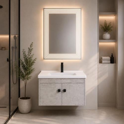 مغسلة فيبر رمادي 60×40 سم مع مرآة LED | تصميم مودر...
