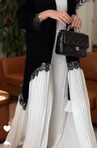 Indonesian abaya with lace insert and broken fabric at the bottom, and a lightweight hijab with lace insert