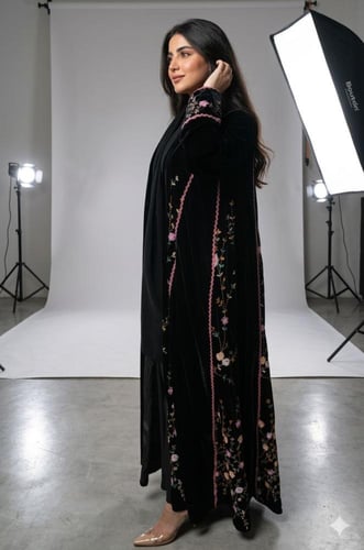 عبايه كريب كوري مع قماش مشكوك ملون