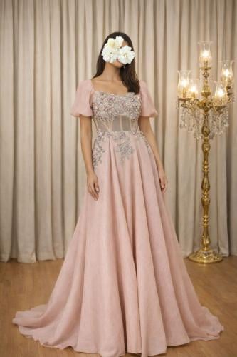 Luxurious pink evening dress with hand embroidery...