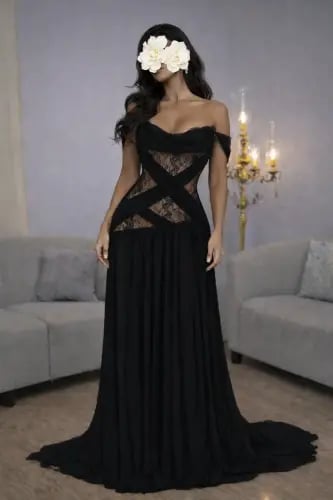 Luxury black evening dress, transparent, with lace...