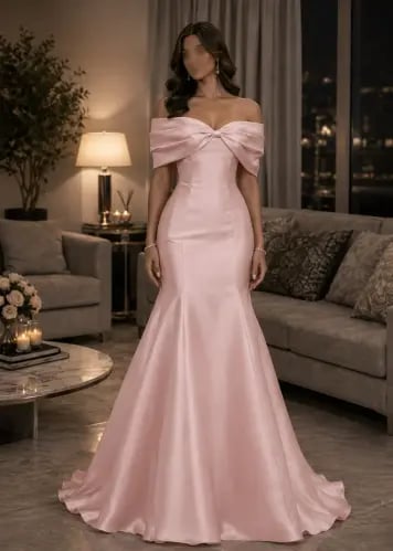 Soft pink evening dress off shoulder with an elega...