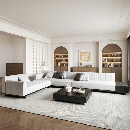 كنبة حرف ال كتان وخشب سويدي - بيج - 398x280x85 سم