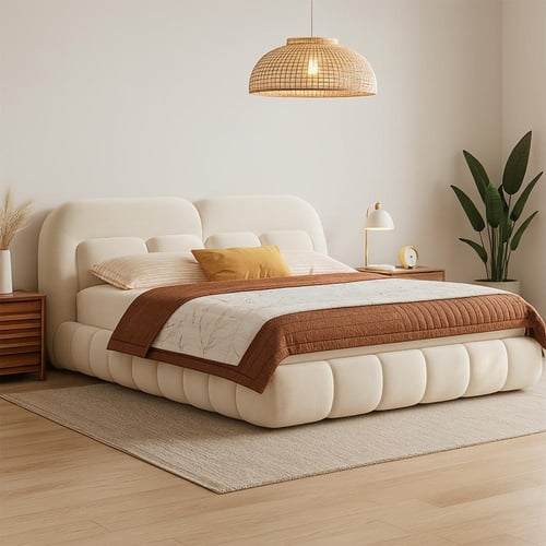 سرير مخمل وخشب سويدي – أوف وايت - كلاود