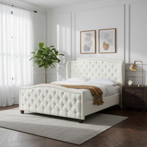 سرير مخمل - خشب سويدي – أبيض - كابوتونيه