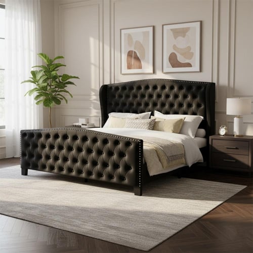Swedish Wood Velvet Upholstered Platform Bed with...