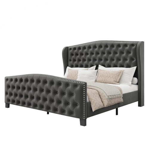 Swedish Wood Velvet Upholstered Platform Bed with...