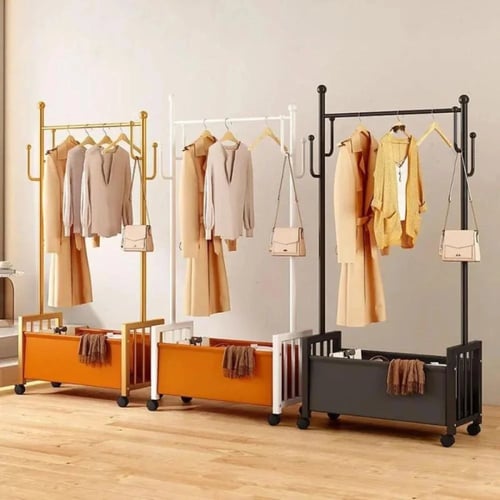 استاند تعليق ملابس بسلة سفلية جلد أسود